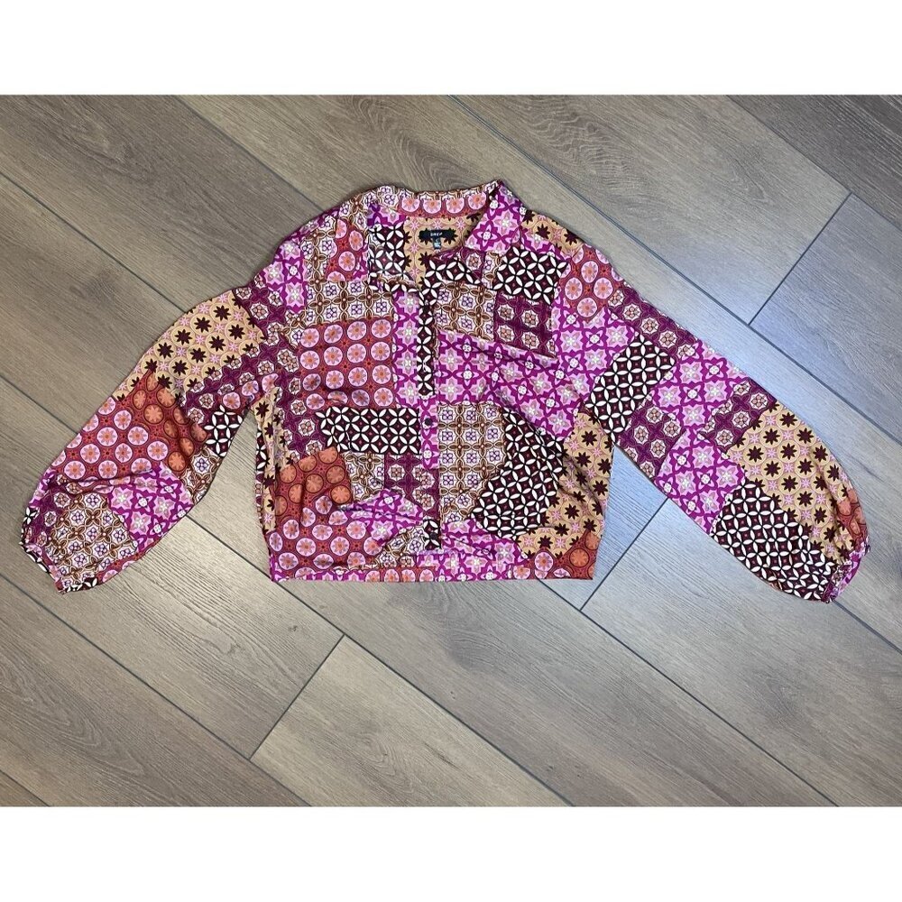 DREW Anthropologie Floral Faux Patchwork Puff Sleeve Button-down Shirt Blouse L